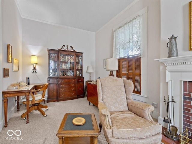 228 W Washington St, Shelbyville, IN 46176 - living area featuring ornamental molding, carpet flooring, and an office area