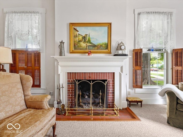228 W Washington St, Shelbyville, IN 46176 - carpeted living area with a brick fireplace