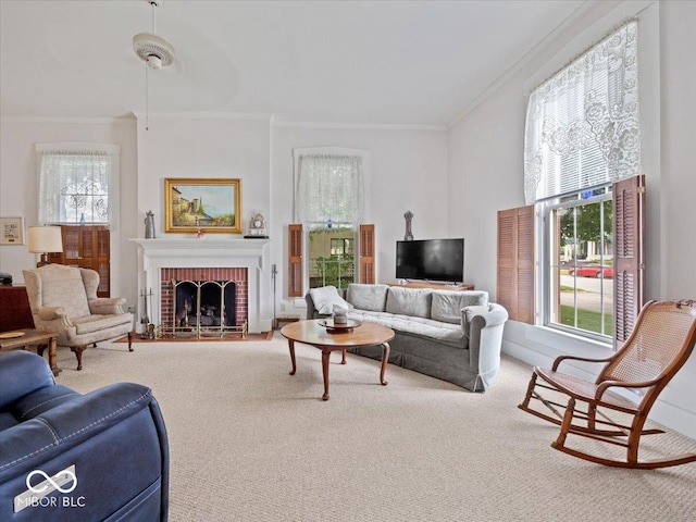 228 W Washington St, Shelbyville, IN 46176 - carpeted living room featuring crown molding and a brick fireplace