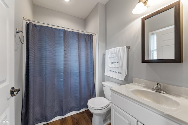 564 Parkhurst Ct, Greenwood, IN 46142 - bathroom featuring vanity, wood finished floors, and a shower with curtain