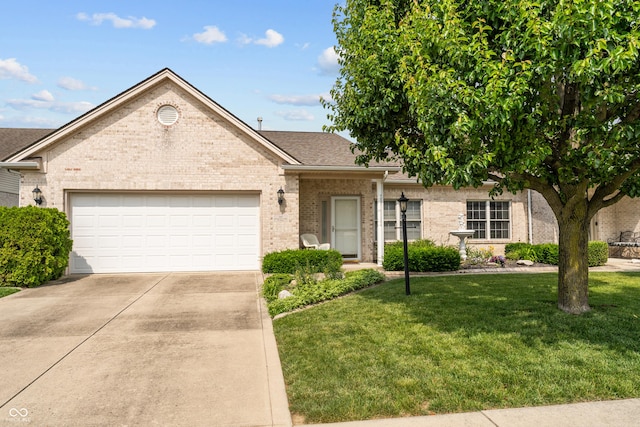 564 Parkhurst Ct, Greenwood, IN 46142 - ranch-style home featuring brick siding, concrete driveway, an attached garage, a front lawn, and a shingled roof