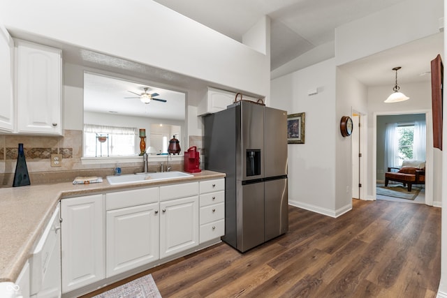 564 Parkhurst Ct, Greenwood, IN 46142 - kitchen with stainless steel fridge with ice dispenser, dark wood-type flooring, backsplash, and healthy amount of natural light
