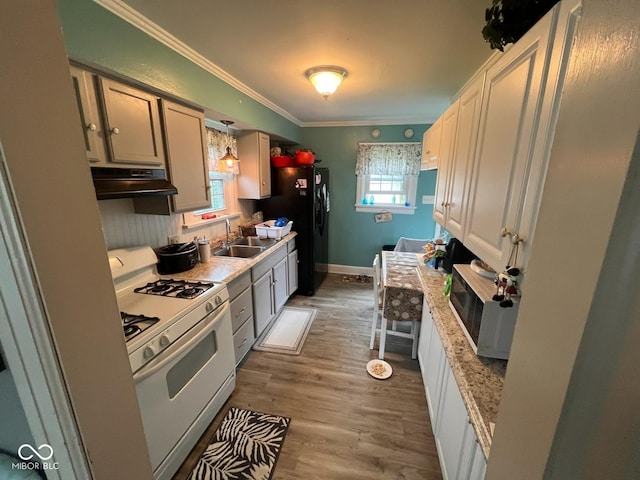 111 S Jefferson St, Brownsburg, IN 46112 - kitchen with white appliances, under cabinet range hood, crown molding, and wood finished floors