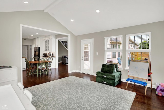 9653 Cypress Way, Carmel, IN 46032 - living area featuring dark wood-style floors, beamed ceiling, recessed lighting, and high vaulted ceiling