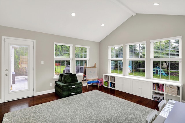 9653 Cypress Way, Carmel, IN 46032 - recreation room featuring dark wood finished floors, beamed ceiling, plenty of natural light, high vaulted ceiling, and recessed lighting