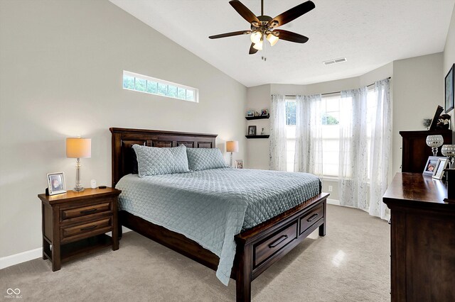 9653 Cypress Way, Carmel, IN 46032 - bedroom featuring light colored carpet, high vaulted ceiling, and a ceiling fan