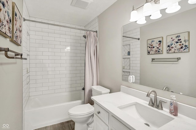 9653 Cypress Way, Carmel, IN 46032 - bathroom featuring vanity, shower / tub combo with curtain, and wood finished floors