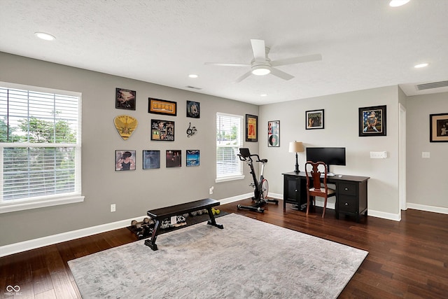 9653 Cypress Way, Carmel, IN 46032 - workout area featuring ceiling fan, dark wood-style flooring, and recessed lighting