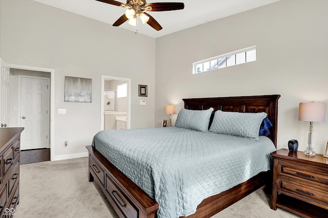 9653 Cypress Way, Carmel, IN 46032 - bedroom featuring light colored carpet, a ceiling fan, and ensuite bathroom