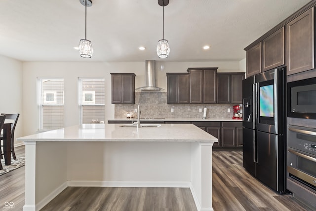 10811 Wild Orchard Ln, Indianapolis, IN 46239 - kitchen featuring appliances with stainless steel finishes, wall chimney range hood, dark wood finished floors, dark brown cabinets, and recessed lighting