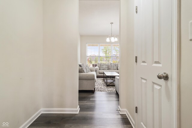 10811 Wild Orchard Ln, Indianapolis, IN 46239 - corridor featuring a chandelier and dark wood-style flooring
