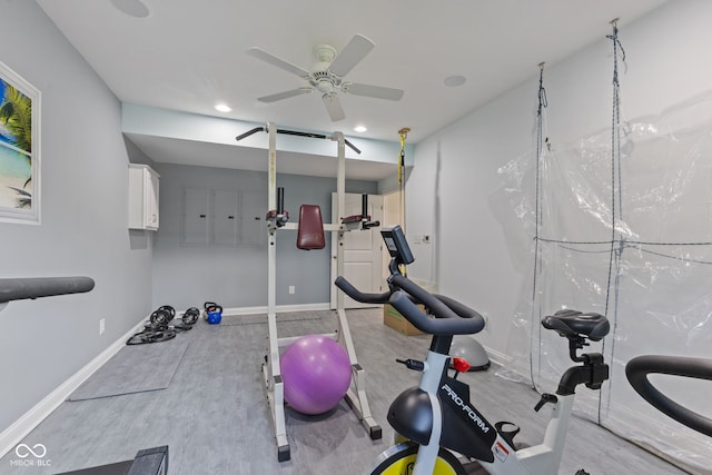 4396 W Eagle Trce, New Palestine, IN 46163 - workout area featuring a ceiling fan, recessed lighting, wood finished floors, and electric panel