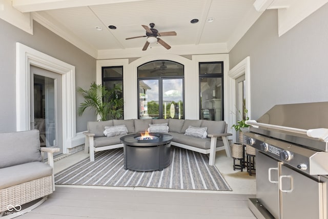 4396 W Eagle Trce, New Palestine, IN 46163 - view of patio / terrace featuring an outdoor living space with a fire pit, a ceiling fan, and a grill