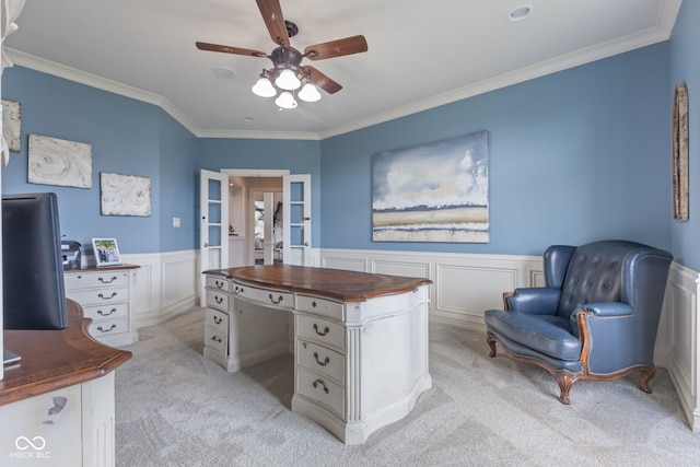 4396 W Eagle Trce, New Palestine, IN 46163 - office space featuring light carpet, a ceiling fan, wainscoting, crown molding, and a decorative wall