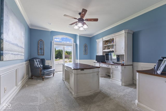 4396 W Eagle Trce, New Palestine, IN 46163 - office featuring a ceiling fan, light colored carpet, wainscoting, ornamental molding, and a decorative wall