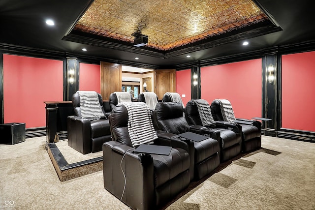 11557 Willow Springs Dr, Zionsville, IN 46077 - cinema room featuring carpet, ornamental molding, decorative columns, and a raised ceiling