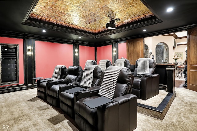 11557 Willow Springs Dr, Zionsville, IN 46077 - carpeted home theater room featuring crown molding, a tray ceiling, and recessed lighting