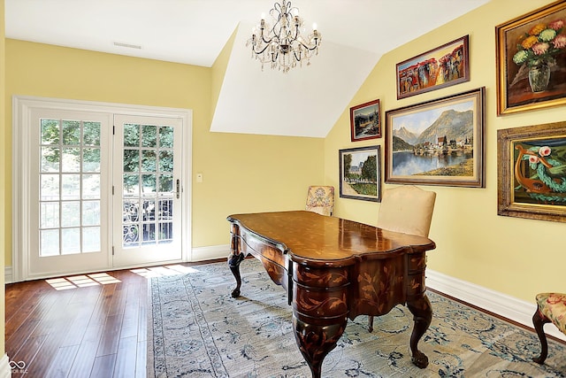 11557 Willow Springs Dr, Zionsville, IN 46077 - office with wood finished floors, a chandelier, and vaulted ceiling