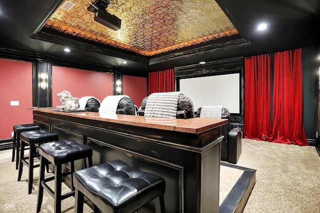 11557 Willow Springs Dr, Zionsville, IN 46077 - cinema room featuring a tray ceiling and carpet flooring