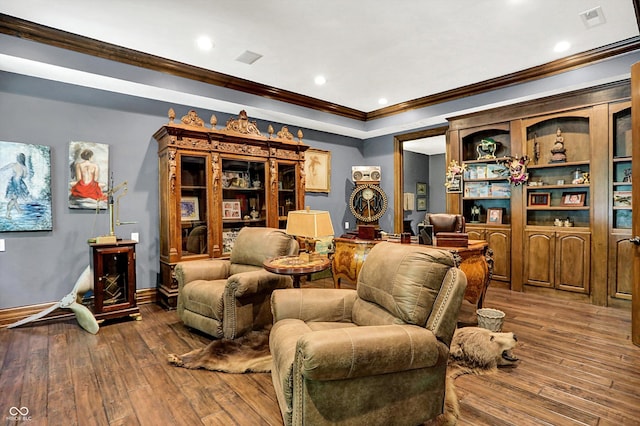 11557 Willow Springs Dr, Zionsville, IN 46077 - living area featuring crown molding, wood-type flooring, and recessed lighting
