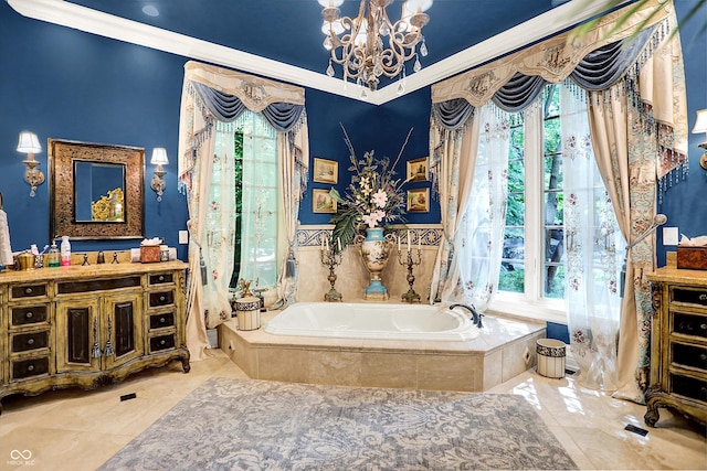 11557 Willow Springs Dr, Zionsville, IN 46077 - full bathroom featuring plenty of natural light, a chandelier, a garden tub, vanity, and ornamental molding