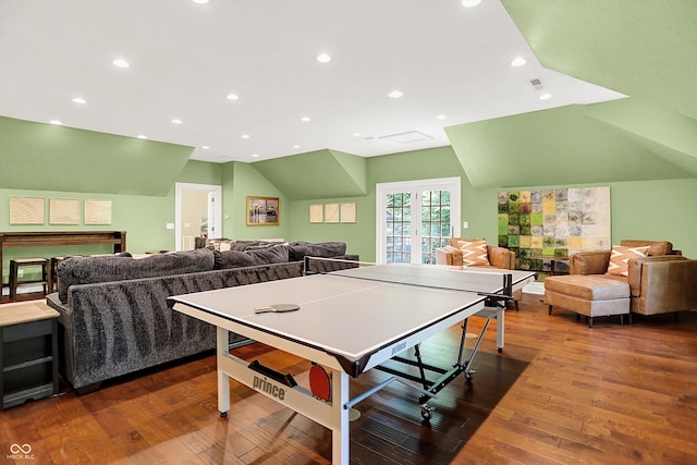 11557 Willow Springs Dr, Zionsville, IN 46077 - rec room with recessed lighting, dark wood finished floors, and vaulted ceiling
