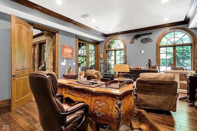 11557 Willow Springs Dr, Zionsville, IN 46077 - office with healthy amount of natural light, dark wood-type flooring, ornamental molding, and recessed lighting