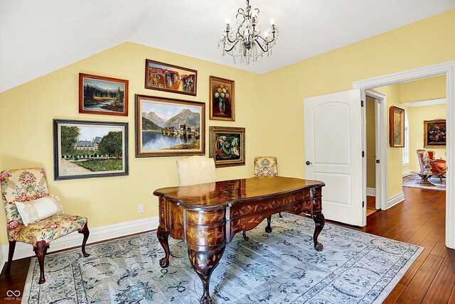 11557 Willow Springs Dr, Zionsville, IN 46077 - office area with dark wood-type flooring, a chandelier, and lofted ceiling