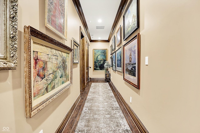 11557 Willow Springs Dr, Zionsville, IN 46077 - hallway with crown molding, dark wood finished floors, and recessed lighting