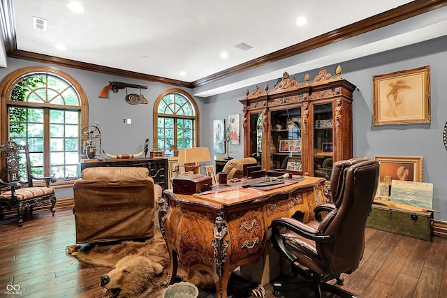 11557 Willow Springs Dr, Zionsville, IN 46077 - office space featuring dark wood-style flooring, plenty of natural light, recessed lighting, and crown molding