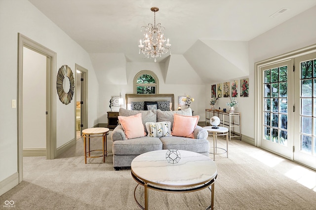 11557 Willow Springs Dr, Zionsville, IN 46077 - living room with light carpet, a chandelier, and lofted ceiling