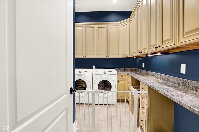 11557 Willow Springs Dr, Zionsville, IN 46077 - laundry room featuring cabinet space, washing machine and dryer, and a desk