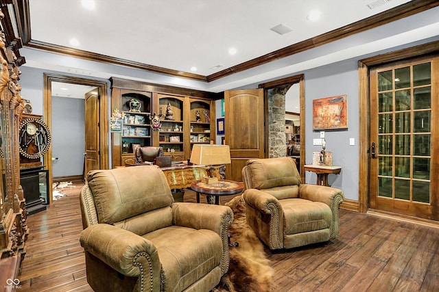 11557 Willow Springs Dr, Zionsville, IN 46077 - sitting room with crown molding, dark wood-style flooring, recessed lighting, a large fireplace, and an office area
