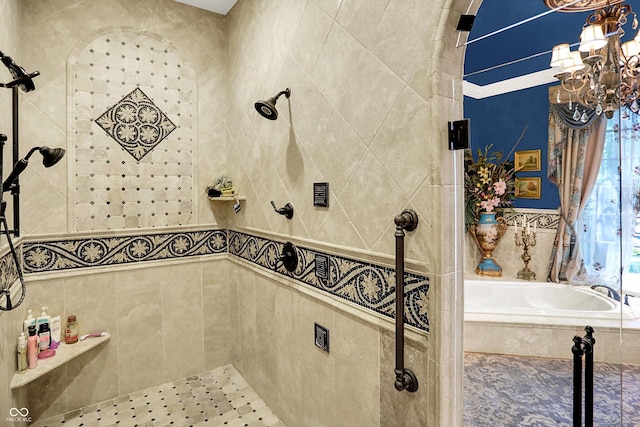 11557 Willow Springs Dr, Zionsville, IN 46077 - full bath featuring a chandelier, a bath, and a tile shower