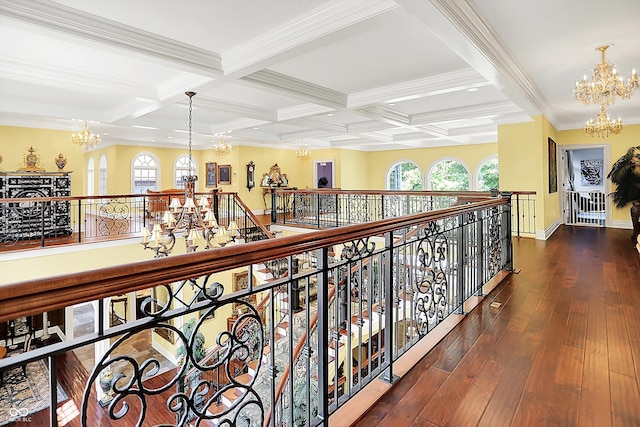 11557 Willow Springs Dr, Zionsville, IN 46077 - hall with a chandelier, an upstairs landing, beamed ceiling, plenty of natural light, and coffered ceiling
