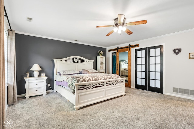 2872 N Prairie Stream Way, Columbus, IN 47203 - bedroom featuring carpet floors, ornamental molding, a barn door, and ceiling fan