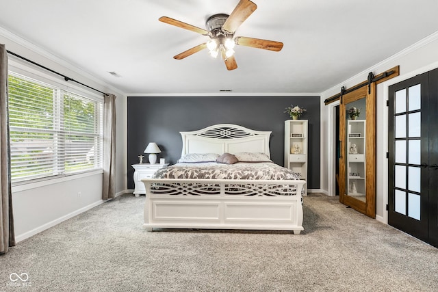 2872 N Prairie Stream Way, Columbus, IN 47203 - bedroom with light colored carpet, ornamental molding, a barn door, and a ceiling fan