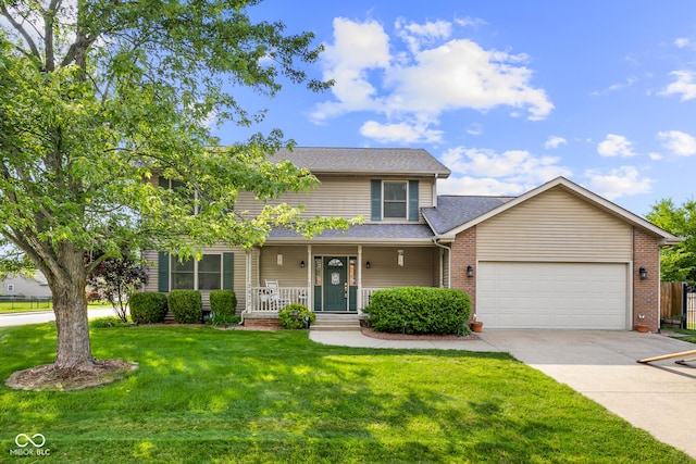 2872 N Prairie Stream Way, Columbus, IN 47203 - traditional-style home with a porch, concrete driveway, an attached garage, a front yard, and a shingled roof