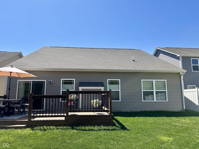 5932 Edelle Dr, Indianapolis, IN 46237 - back of property with a deck, a lawn, and a shingled roof