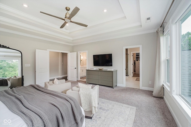 5706 Bentbrook Dr, Bargersville, IN 46106 - bedroom featuring a tray ceiling, light colored carpet, crown molding, connected bathroom, and ceiling fan