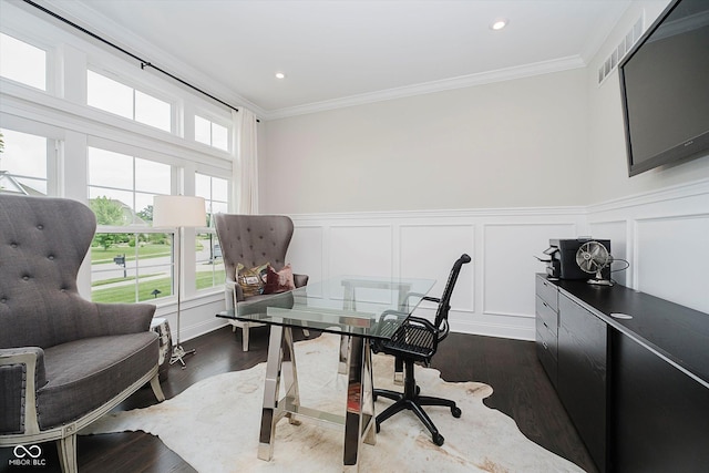 5706 Bentbrook Dr, Bargersville, IN 46106 - office space featuring ornamental molding, a wainscoted wall, a decorative wall, dark wood-style floors, and recessed lighting