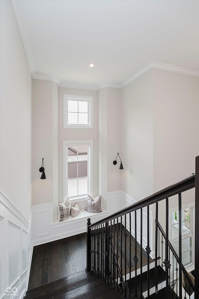 5706 Bentbrook Dr, Bargersville, IN 46106 - staircase with ornamental molding, a decorative wall, a wainscoted wall, and wood finished floors