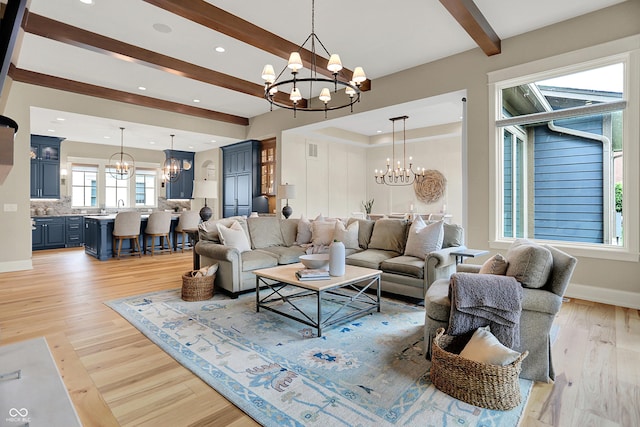 12839 Bird Cage, Carmel, IN 46032 - living area with a chandelier, beam ceiling, light wood-type flooring, and recessed lighting
