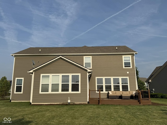 15961 Foothill Dr, Noblesville, IN 46060 - rear view of house with outdoor lounge area, a deck, and a lawn