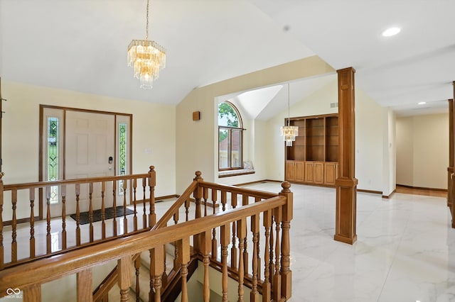 1326 Pebble Brook Dr, Noblesville, IN 46062 - corridor with a chandelier, light marble finish floors, vaulted ceiling, an upstairs landing, and recessed lighting