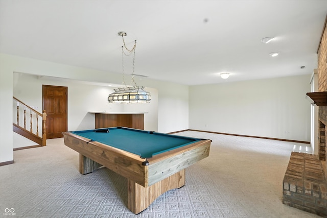 1326 Pebble Brook Dr, Noblesville, IN 46062 - recreation room with carpet, bar with sink, pool table, and a fireplace