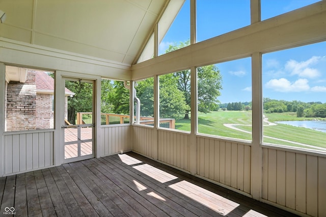 1326 Pebble Brook Dr, Noblesville, IN 46062 - unfurnished sunroom with a water view, vaulted ceiling, and view of golf course