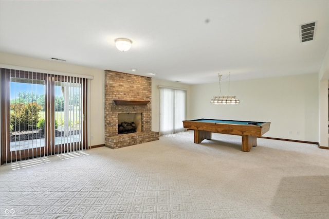 1326 Pebble Brook Dr, Noblesville, IN 46062 - rec room featuring carpet, pool table, and a fireplace