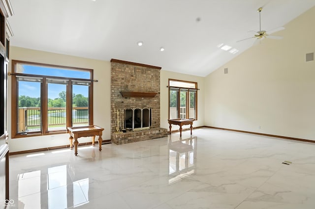 1326 Pebble Brook Dr, Noblesville, IN 46062 - unfurnished living room featuring light marble finish flooring, high vaulted ceiling, a ceiling fan, and a brick fireplace