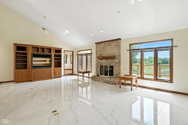 1326 Pebble Brook Dr, Noblesville, IN 46062 - living area featuring light marble finish floors, a ceiling fan, high vaulted ceiling, and a brick fireplace